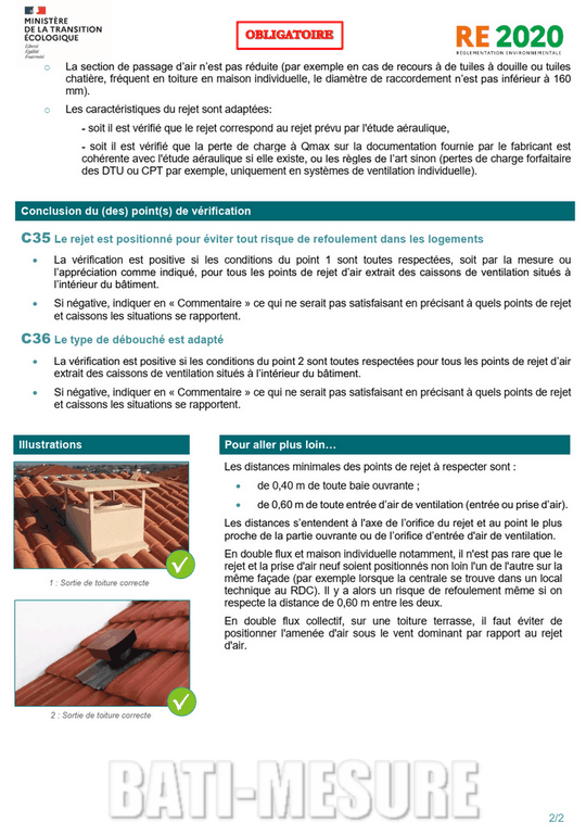 Contrôle ventilation RE2020 positionnement du rejet de la VMC